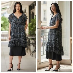 DKNY Jeans Sheer Overlay Dress Ruffle Hem Print Plus Size 14W Layering Piece